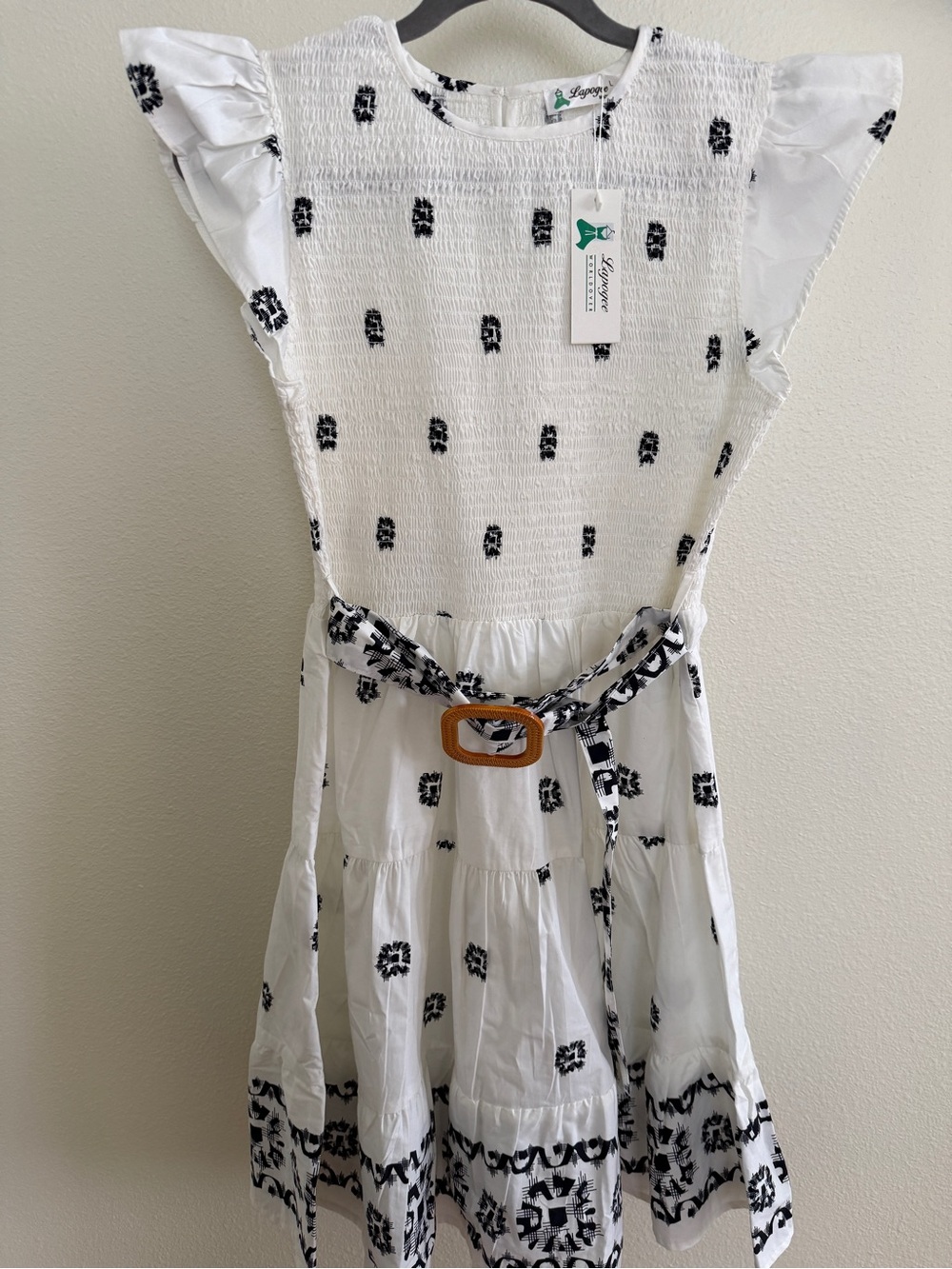 Lugano White and Black Printed Midi Dress with Tie Belt